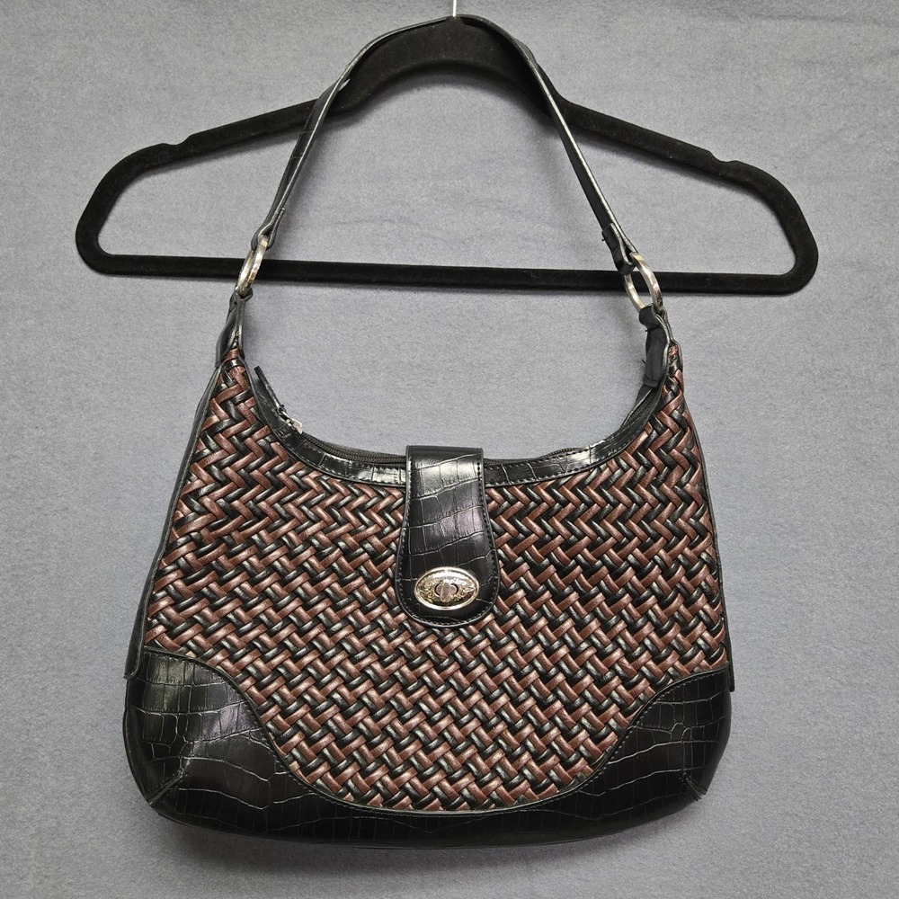 Coldwater Creek Shoulder Bag Woven Croc Trim Medium Black Brown Hobo Purse